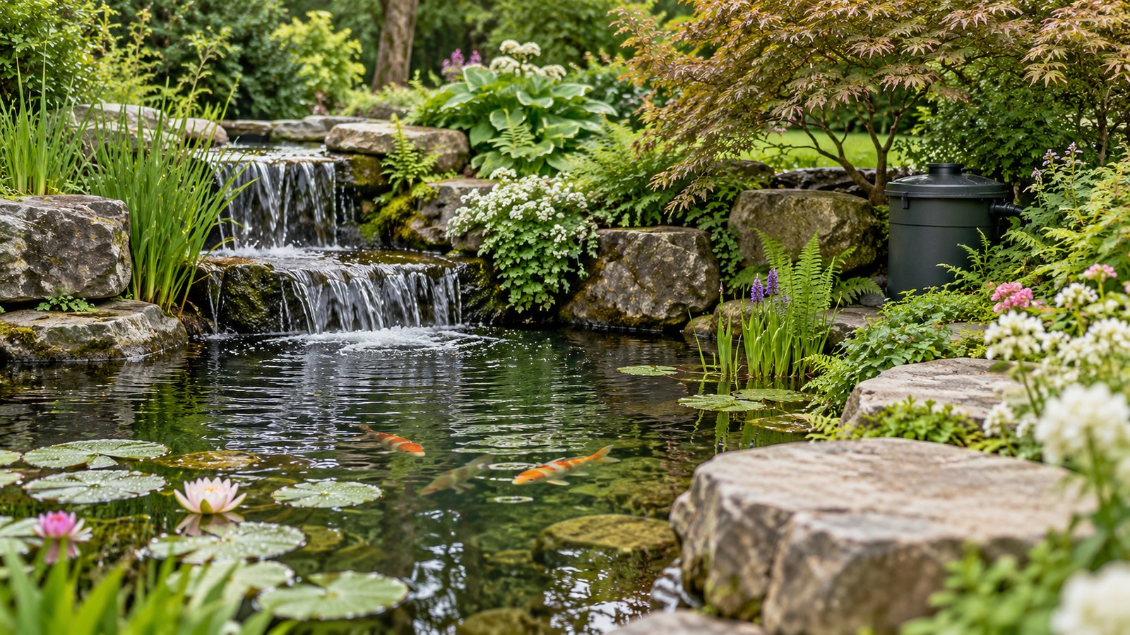 Illustrative garden pond with a waterfall and a generic external filter.